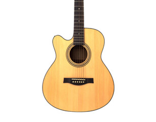 A classic brown wooden acoustic guitar with strings sits against a white background