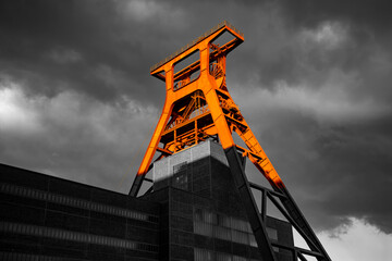 Steel framework of a historic coal mine winding tower in Essen (Ruhr region, Germany) in the...
