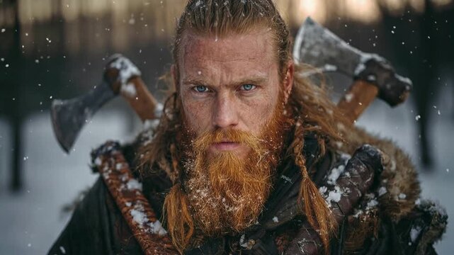 Close portrait of fierce warrior with axe in snowy environment showing determination toughness survival and epic cinematic storytelling