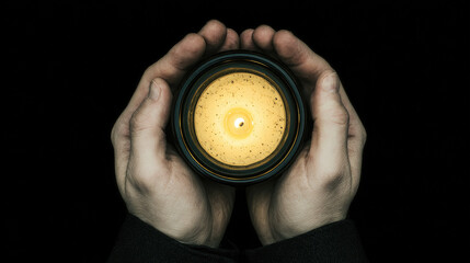 Hands Holding Lit Candle in Darkness