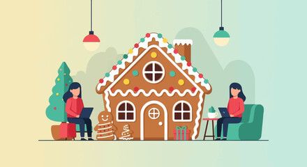 Festive illustration of people working near a gingerbread house and Christmas tree