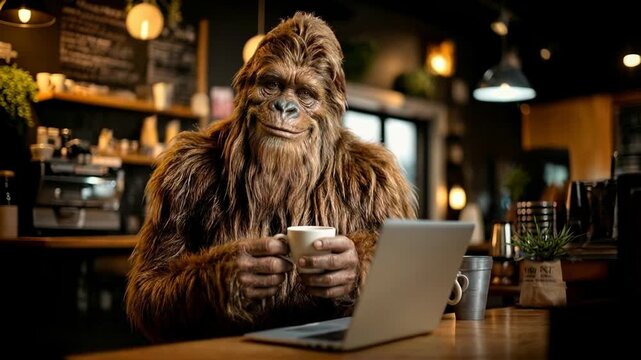 Funny bigfoot character sitting in cafe with laptop and coffee blending myth humor technology remote work concept and playful imagination