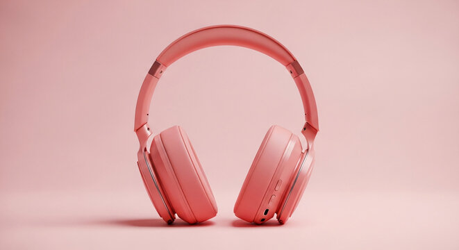 Close up shot of a pair of pink over ear headphones with silver accents on a soft pink background with subtle lighting creating a clean aesthetic for audio equipment advertising