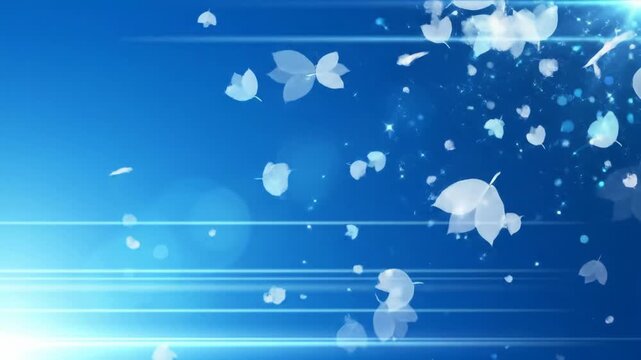 Sleek, abstract motion graphics video with ethereal, translucent, shimmering white and light blue petal-like and sparkle particles floating upwards against a vibrant gradient blue background with