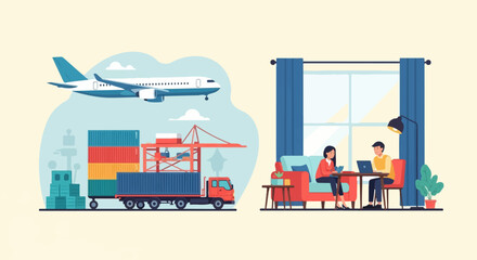 Naklejka premium Diverse operations air cargo, sea shipping, and remote office work