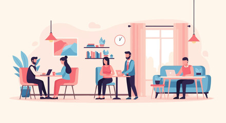 Diverse people collaborating and working on laptops in a modern, cozy office space