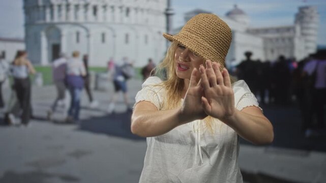 Woman blonde wearing straw hat with hands extended forward in stop gesture at building square by pisa tower among tourists; concern travel.