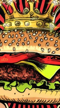 Stylized comic art illustration of a gourmet hamburger wearing a golden crown, with a striped background.