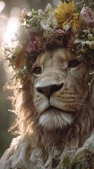 Majestic lion wearing floral crown poses serenely in soft golden sunlight