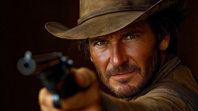 Determined frontiersman in weathered cowboy hat points his revolver with steely resolve, his intense eyes fixed forward, embodying spirit of Wild West.