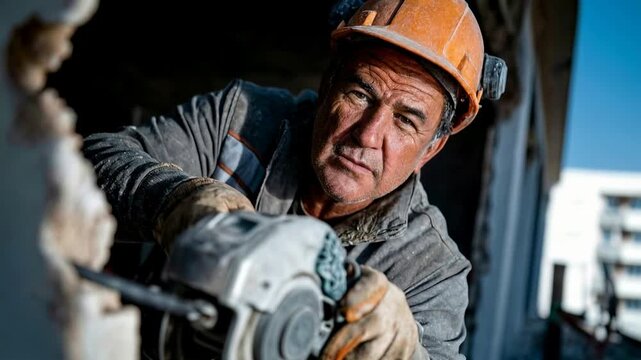 Experienced industrial worker using power tool representing construction labor craftsmanship safety and hands on expertise