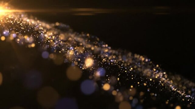 Abstract golden light rays and particles flowing on black background, luxury and elegant design concept