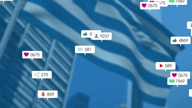 Animation of media icons over flag of greece