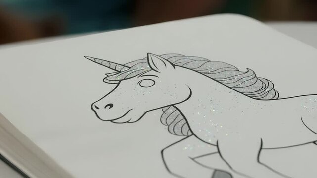 The image shows a unicorn illustration, showcasing a unicorn with a shiny horn and flowing mane. This unicorn drawing is highlighted on a white page.