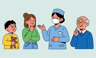 Doctor talking to family about medical advice, masked