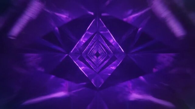 Mesmerizing purple geometric tunnel with infinite reflections, abstract background for meditation and relaxation visuals.