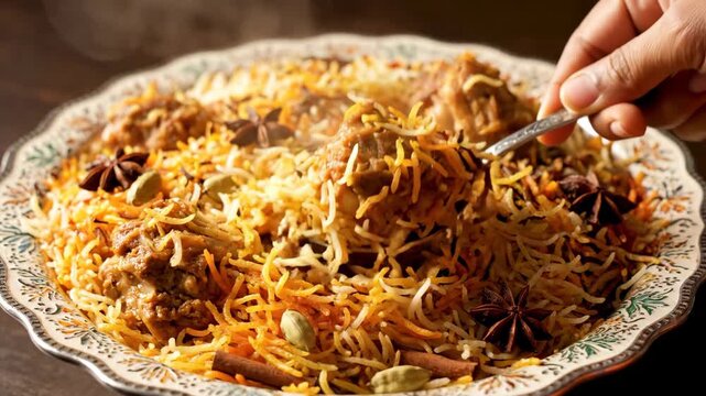 Delicious Chicken Biryani Served on a Decorative Plate with Spoon.