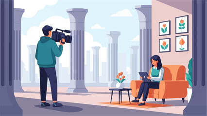 Obraz premium Filmmaker records person working on tablet in classical setting