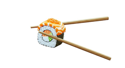 Salmon Sushi Roll with Roe Held by Chopsticks