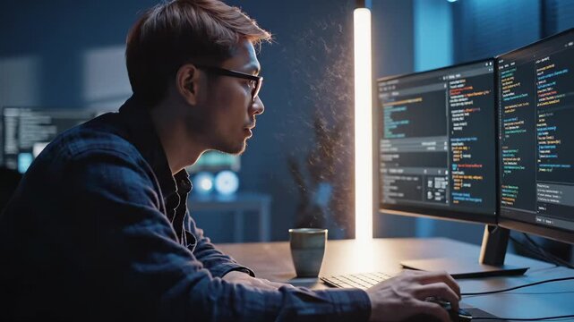 Programmer coding on computer monitor at night office. Developer writes code on screen with keyboard. Man programmer works late coding software. Developer types code in dark office workspace.