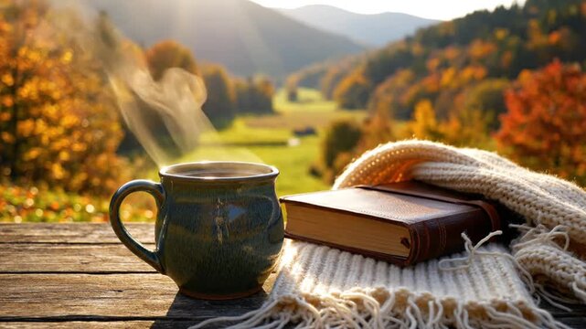 A serene autumn scene featuring a steaming mug on a wooden table with a book and blanket, overlooking a picturesque valley with vibrant fall foliage