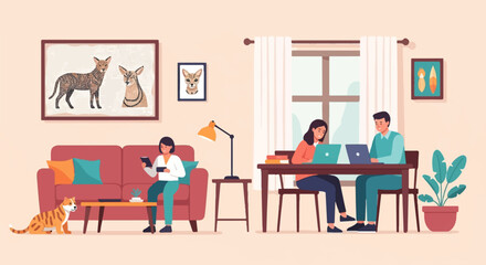Fototapeta na wymiar Family working and relaxing at home with pets