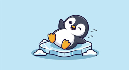 Cute Penguin Sliding on Ice Floe Cartoon Illustration. © Caroline Studio
