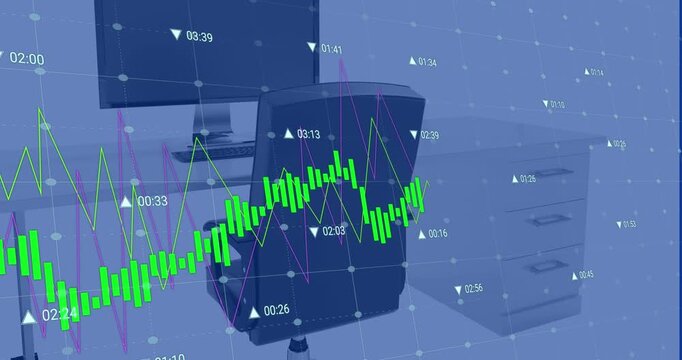 Animation of graphs and numbers changing over empty chair and desktop on desk