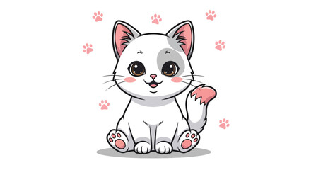 Cute white kitten with pink paws and a grey spot on its head sitting and smiling.