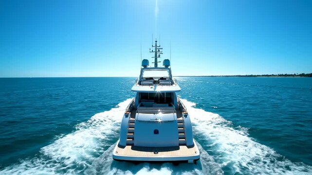 Yacht cruises across blue ocean. Luxury boat cuts water leaving white wake. Motorboat speed pushes foam along stern. Spacious deck faces calm sea and horizon. Leisure travel under clear sky and sun.