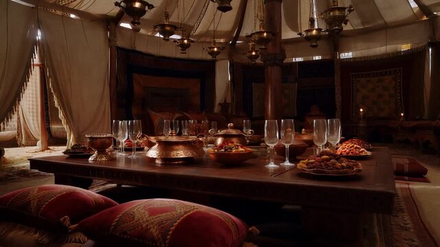 The scene features a traditional dining setup with a large table. The table is adorned with a variety of dishes, glasses, and intricately designed cushions.