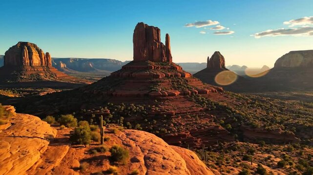 Epic scenic view of Monument Valley&acirc;&euro;TMs sandstone buttes and mesas in the early morning sunlight with blue sky background