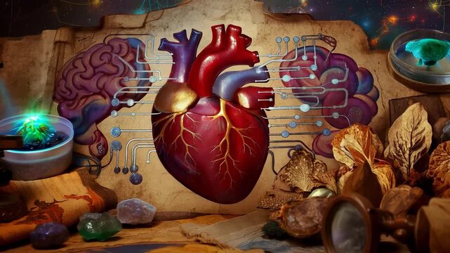 The scene features a colorful illustration of a heart and brain, surrounded by scientific instruments. Various objects related to science and nature are displayed around the heart.