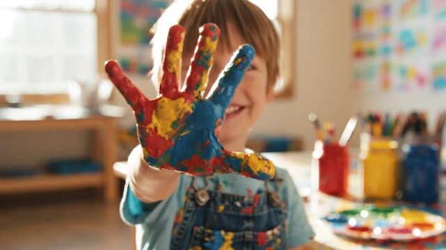 Cheerful Young Boy Holds Up Painted Hand Demonstrating Colorful Rainbow Handprint in an Art Studio