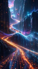 A vibrant, futuristic digital landscape with glowing neon pathways