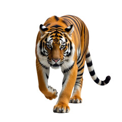 Obraz premium A tiger walks across a white surface, isolated and focused