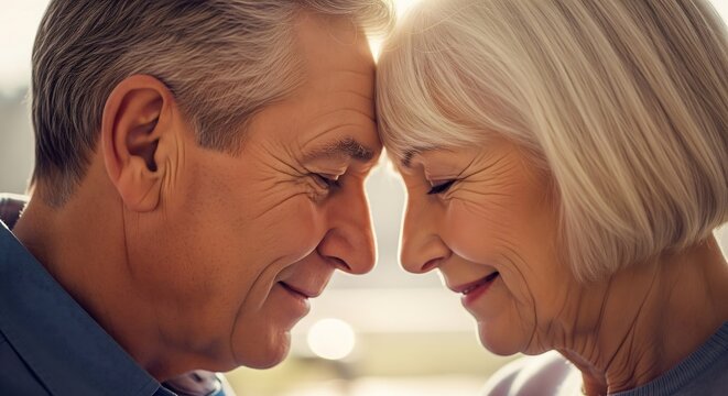 Elderly couple touching foreheads with eyes closed, sharing a peaceful and emotional moment full of love and connection