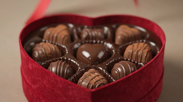 This stock video showcases a red heart-shaped box of chocolates, perfect for Valentine's Day, anniversaries, or special occasions. The video shows the box being opened to reveal an assortment of