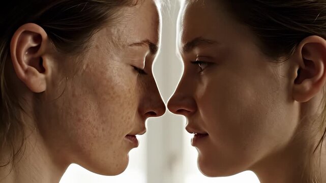 Intimate moment between two women. Close up of faces showing connection and emotion. Soft lighting creates warm atmosphere. Feelings of love and friendship shine through.