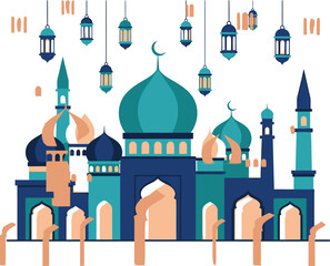 Abstract mosque with crescent moon and hanging lanterns background © Netbd