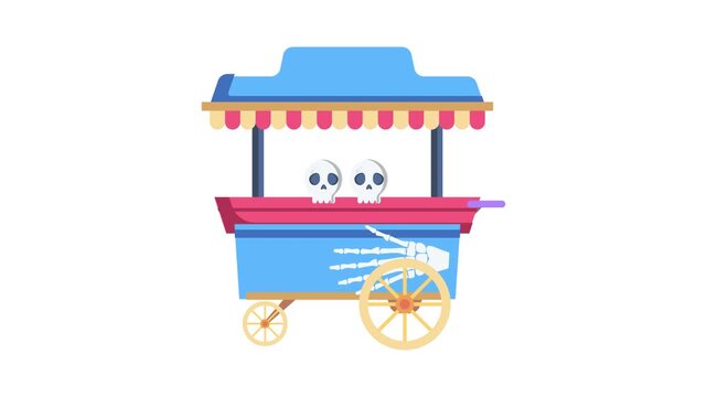 A cart carrying two human skulls, positioned side by side, against a neutral background.