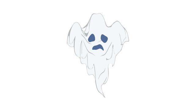 A ghost displaying a sad face, characterized by droopy eyes and a frowning mouth, hovering in a neutral setting.