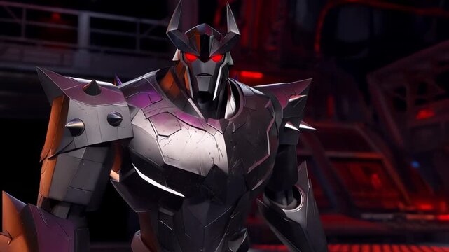 A large robotic figure stands imposingly within a dark, sci-fi environment. The robot has a menacing design, with spikes and glowing red accents, enhancing its intimidating presence.