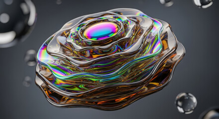 Fototapeta premium A close-up view of a shiny, iridescent oyster shell floating amidst water droplets on a dark surface, reflecting rainbow hues from within.