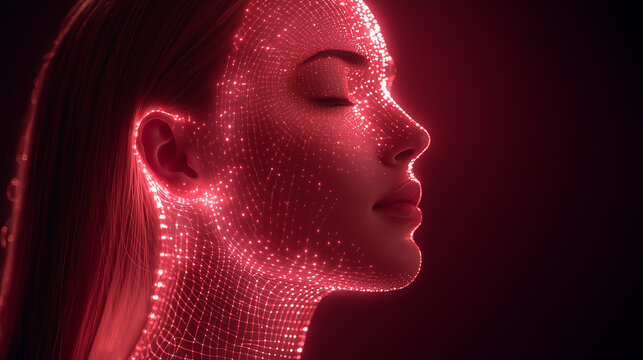 Futuristic portrait of a woman in contemplation exploring existence self-discovery and the meaning of life through glowing digital light