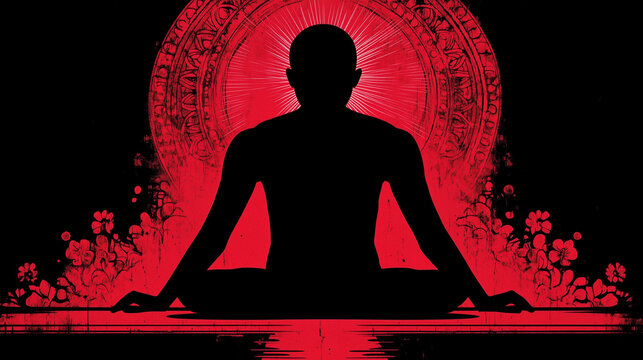 Silhouette meditating before a radiant mandala symbolizing existence self-discovery and meaning of life in spiritual mindfulness and inner peace