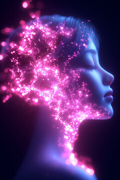 Abstract female profile glowing with cosmic particles symbolizing existence self-discovery and meaning of life
