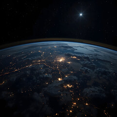 Obraz premium Earth at night from orbit Golden city lights form vast networks across dark continents Clouds drift below A bright solitary star illuminates the boundless cosmic expanse