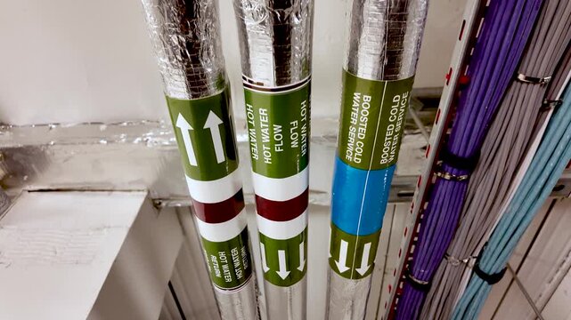 Insulated hot water and boosted cold water pipes with network cables in an industrial ceiling