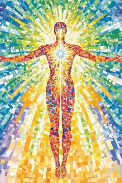 Abstract human figure with radiant heart light symbolizing existence self-discovery and meaning of life